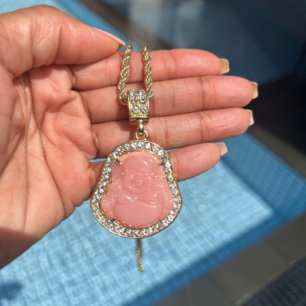Pink Crystal 18K Spring Buddha Medium Gold Rope Necklace